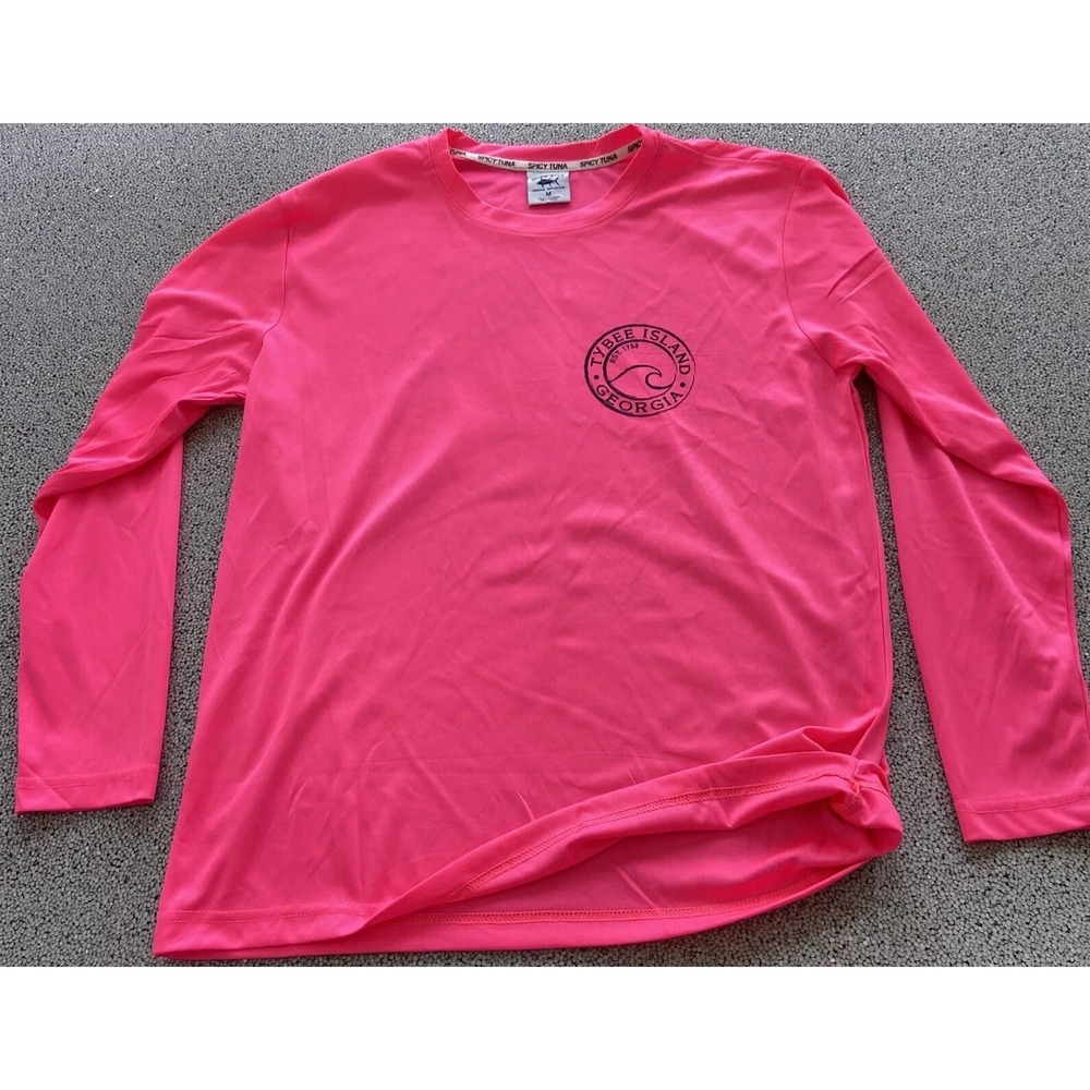 Spicy Tuna Pullover Rashguard Shirt Mens Medium Tybee Island Georgia Pink 2 Side